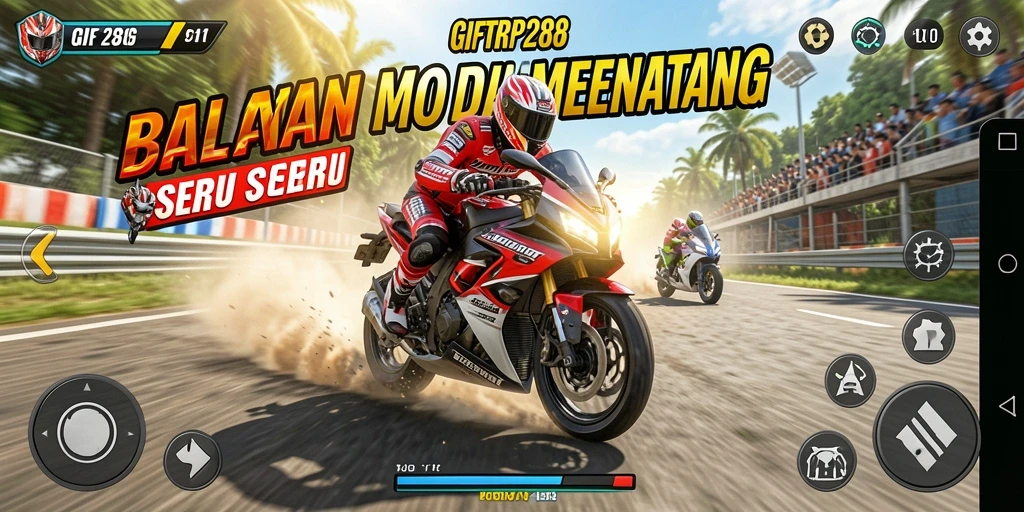 Screenshot permainan GIFTRP288 dengan aksi balapan motor yang mendebarkan.