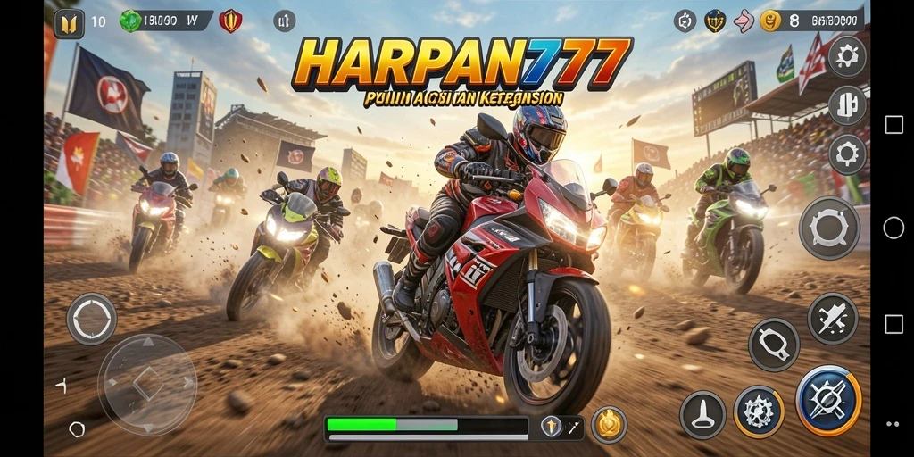 Tampilan utama HUD dari gameplay balapan motor yang mendebarkan.