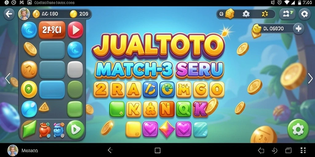 Screenshot menunjukkan gameplay seru JUALTOTO dengan kombinasi simbol Match-3.