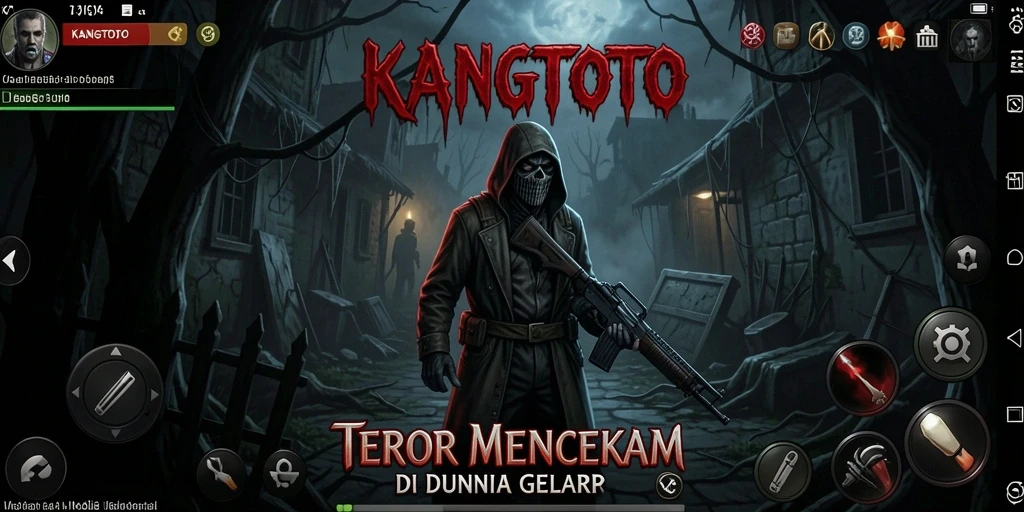 Screenshot gameplay KANGTOTO menampilkan suasana mencekam dan efek visual menakutkan.