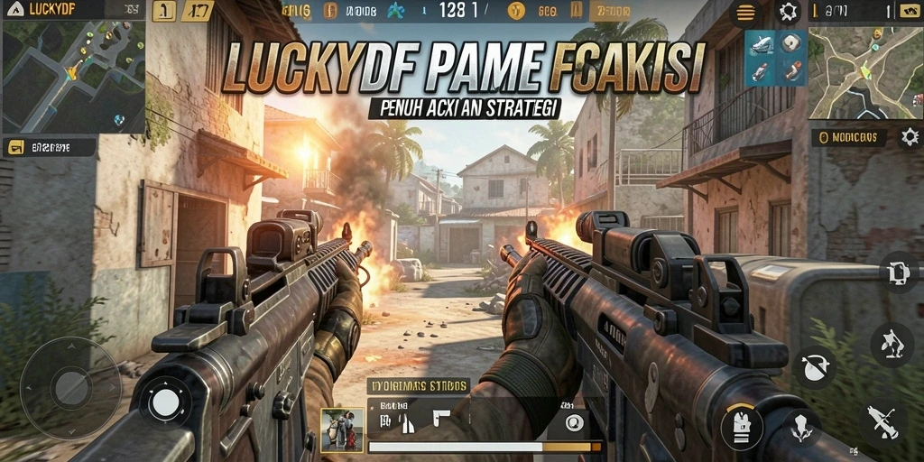 Screenshot utama LUCKYDF menampilkan aksi gameplay FPS yang mendebarkan.