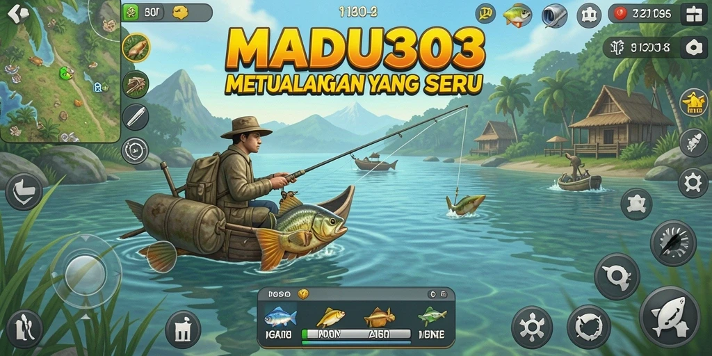 Screenshot gameplay MADU303 yang menampilkan aksi memancing seru.
