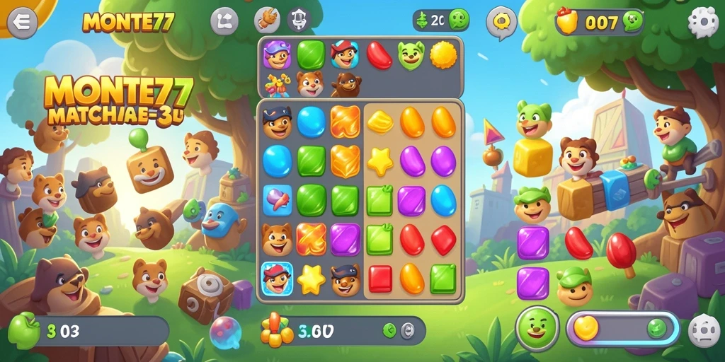 Tangkapan layar gameplay Match-3 yang penuh warna dari MONTE77.