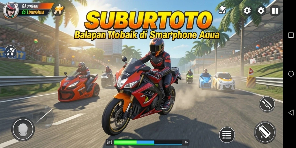 Tangkapan layar gameplay SUBURTOTO menampilkan aksi balapan motor yang mendebarkan.