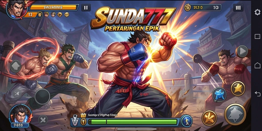 Tampilan aksi intens di gameplay SUNDA777 dengan karakter yang beragam.