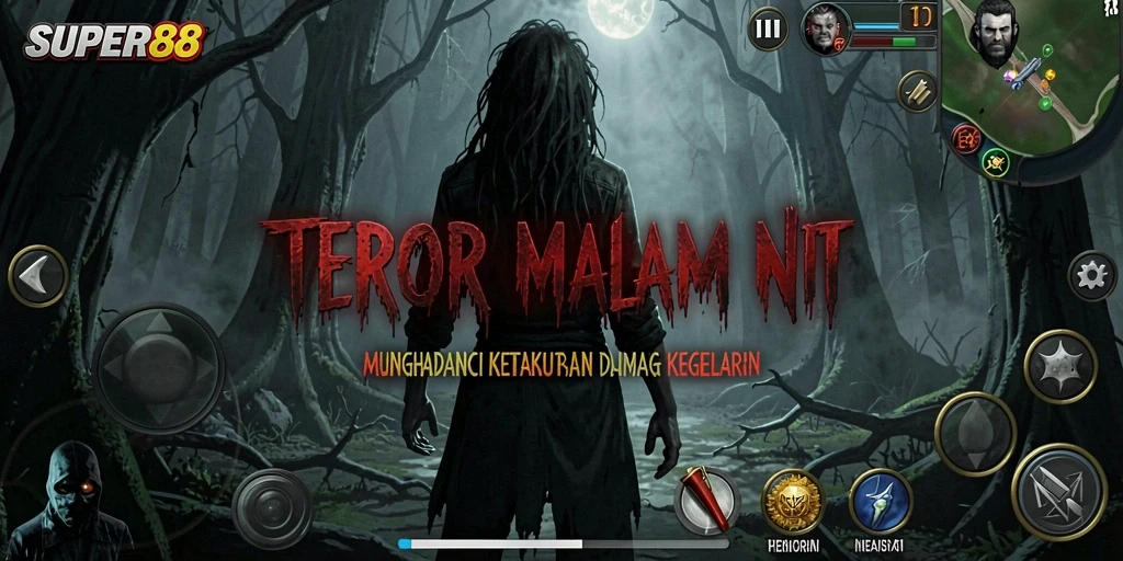Screenshot gameplay SUPER88 menampilkan aksi menegangkan di kegelapan.